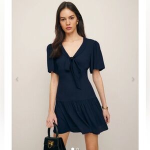 NWT Reformation Adelina Navy Blue Front Tie Dress Size 4